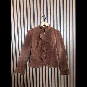 Margaret Godfrey Suede Jacket 6 Petite Brown Ruffled Trim 100% Genuine Leather